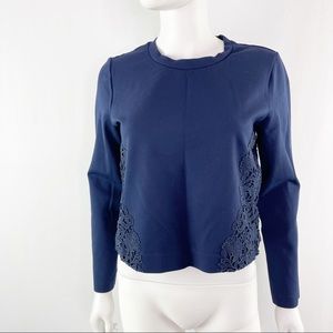 Tory Burch Size M Navy Blue Long Sleeve Cropped Pullover with Lace Detail
